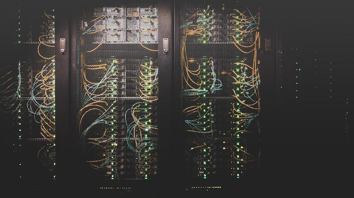 Close-up of network cabling running into a server switch