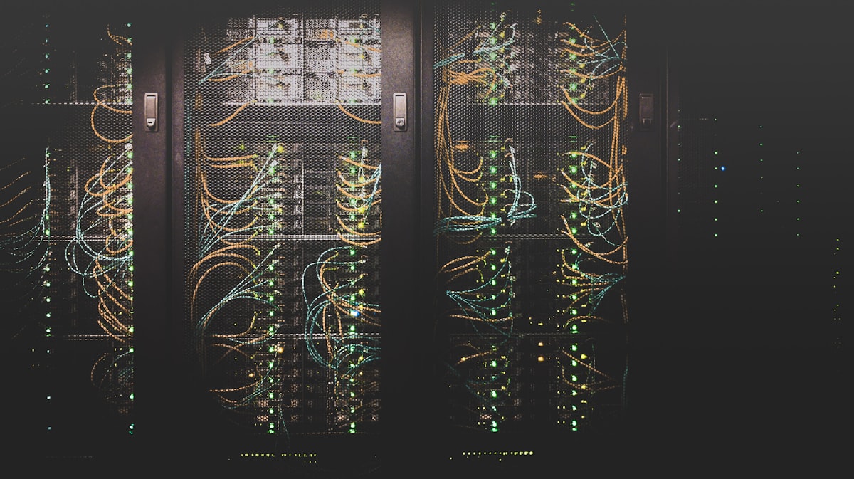 Close-up of network cabling running into a server switch
