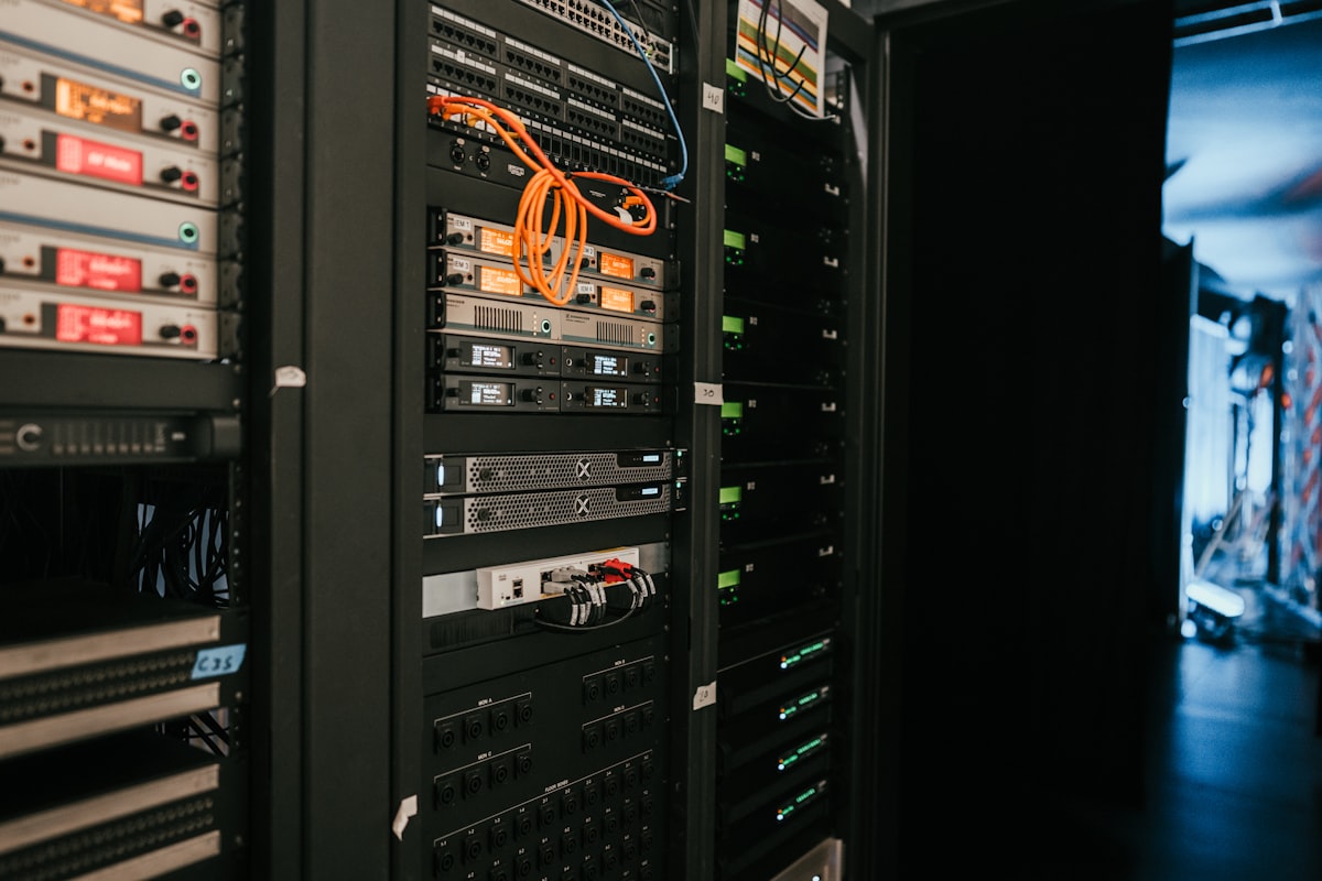A rack of dedicated servers with active network connections