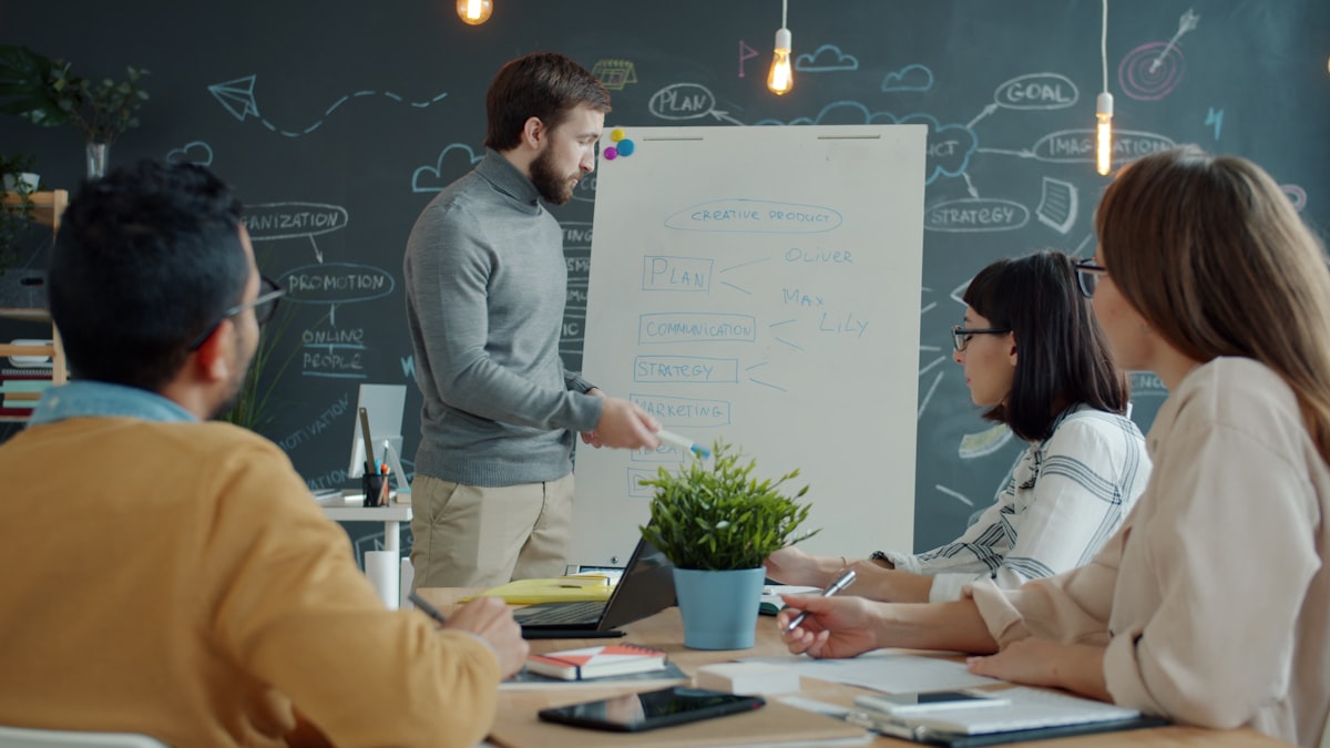 A team planning a campaign around a whiteboard